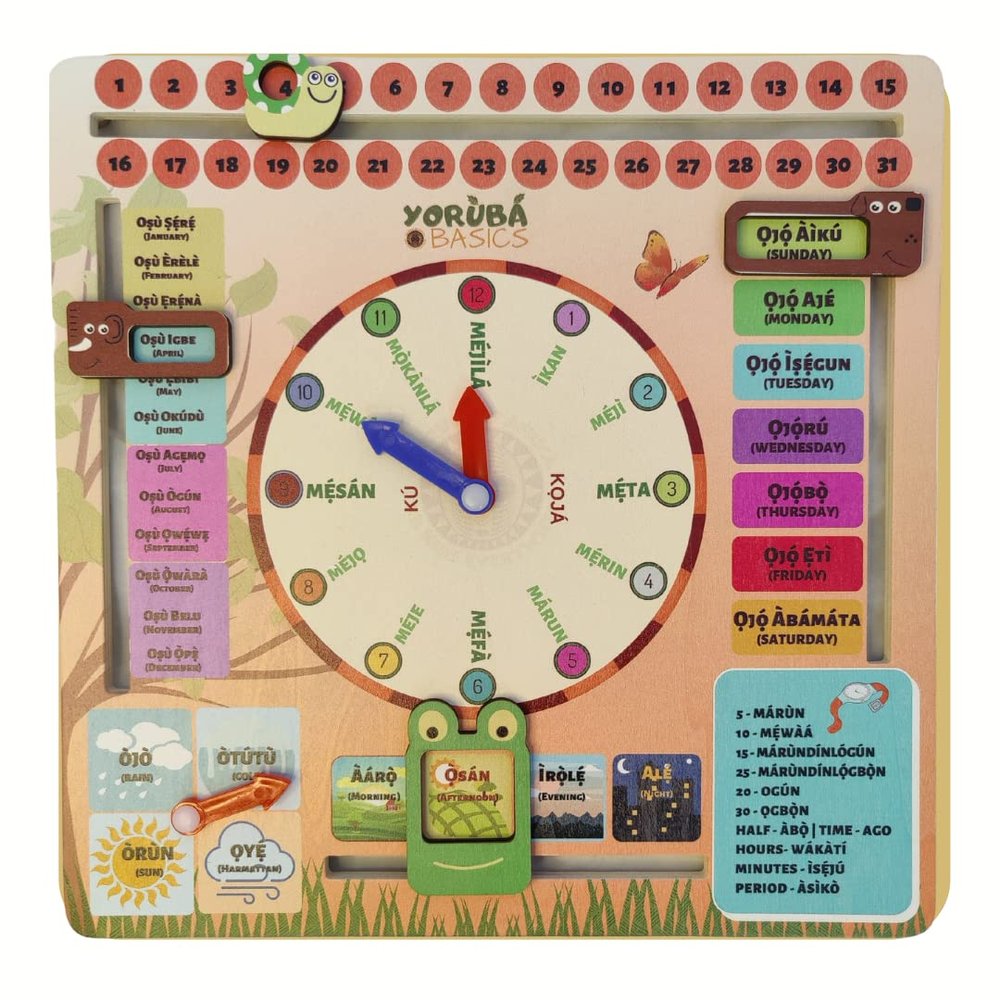 Bilingual Yoruba English, Educational Interactive Clock and Calendar, Yoruba Language Learning Teaching Tool