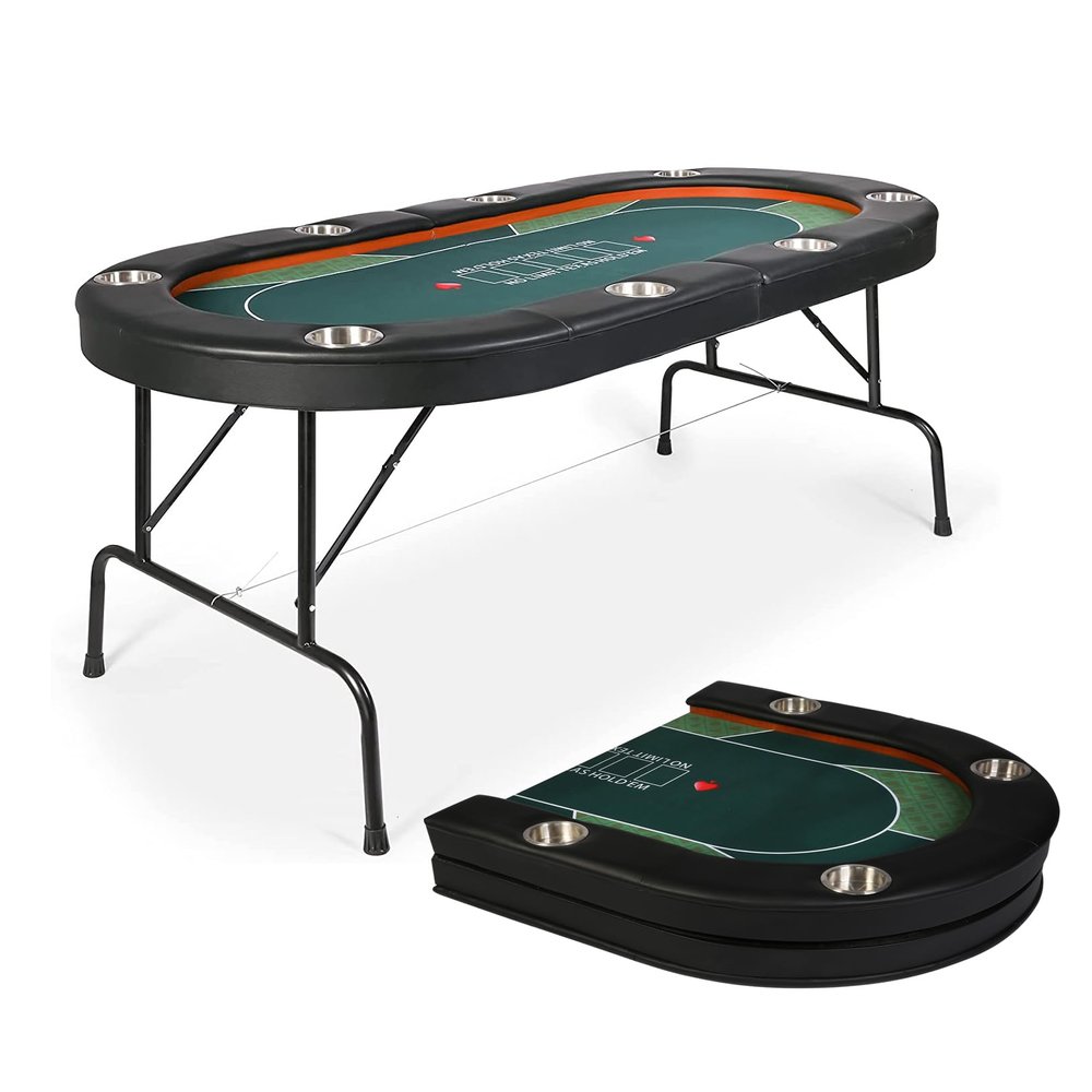 LUCKYERMORE Poker Table Foldable 8 Playes, w/Upgraded Padded Rails & Stainless Steel Cup Holders, Texas Holdem Poker Table for Texas Casino Leisure Game Blackjack Board Game, No Assembly Required