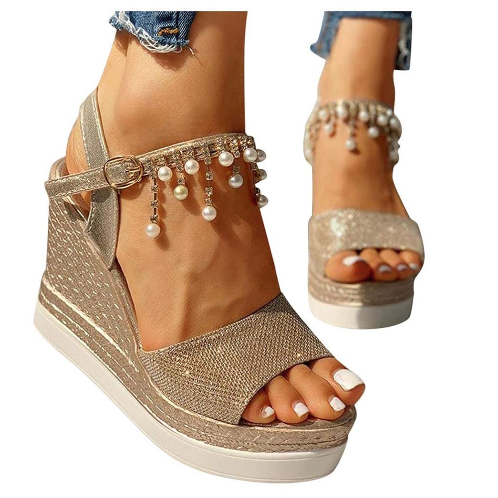 ZBYY Women's Wedge Platform Sandal,Summer Dressy with Pearl Open Toe Platform Sandals Ankle Strap High Heels Sandals