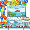 217 Pcs Ofishally One Birthday Decorations Gone Fishing Dinnierware The Big One Balloon Garland Banner Cake Cupcake Topper Table Cloth for Fishing Theme 1st Birthday Baby Shower Party Supplies view 1
