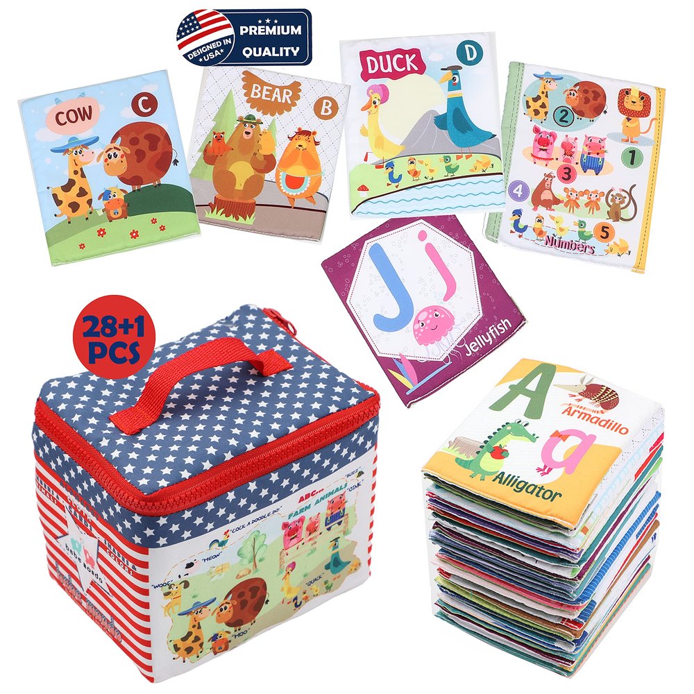 Alphabet Baby Toy Gift, Soft Cloth Alphabet Cards 28PCS, ABC Learning Flash Cards with Bag, Early Educational Learning Toys for Babies Infants Toddlers 1-2 2-4 Years Boys Girls, & Animal Guide Book