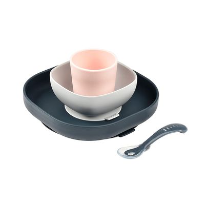 BEABA Silicone 4 Piece Baby Feeding Set, Suction Plates for Baby, Includes Plate, Bowl, Cup, 2nd Stage Spoon, High Grade Food Safe Silicone, Baby Must Haves, Midnight