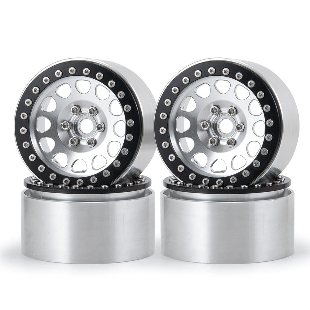 4Pcs Aluminum 2.2" Beadlock Wheels Rims for 1/10 RC Crawler Wraith 90018, Silver+Black