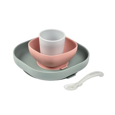 BEABA Silicone 4 Piece Baby Feeding Set, Suction Plates for Baby, High Grade Food Safe Silicone, Baby Must Haves, Eucalyptus