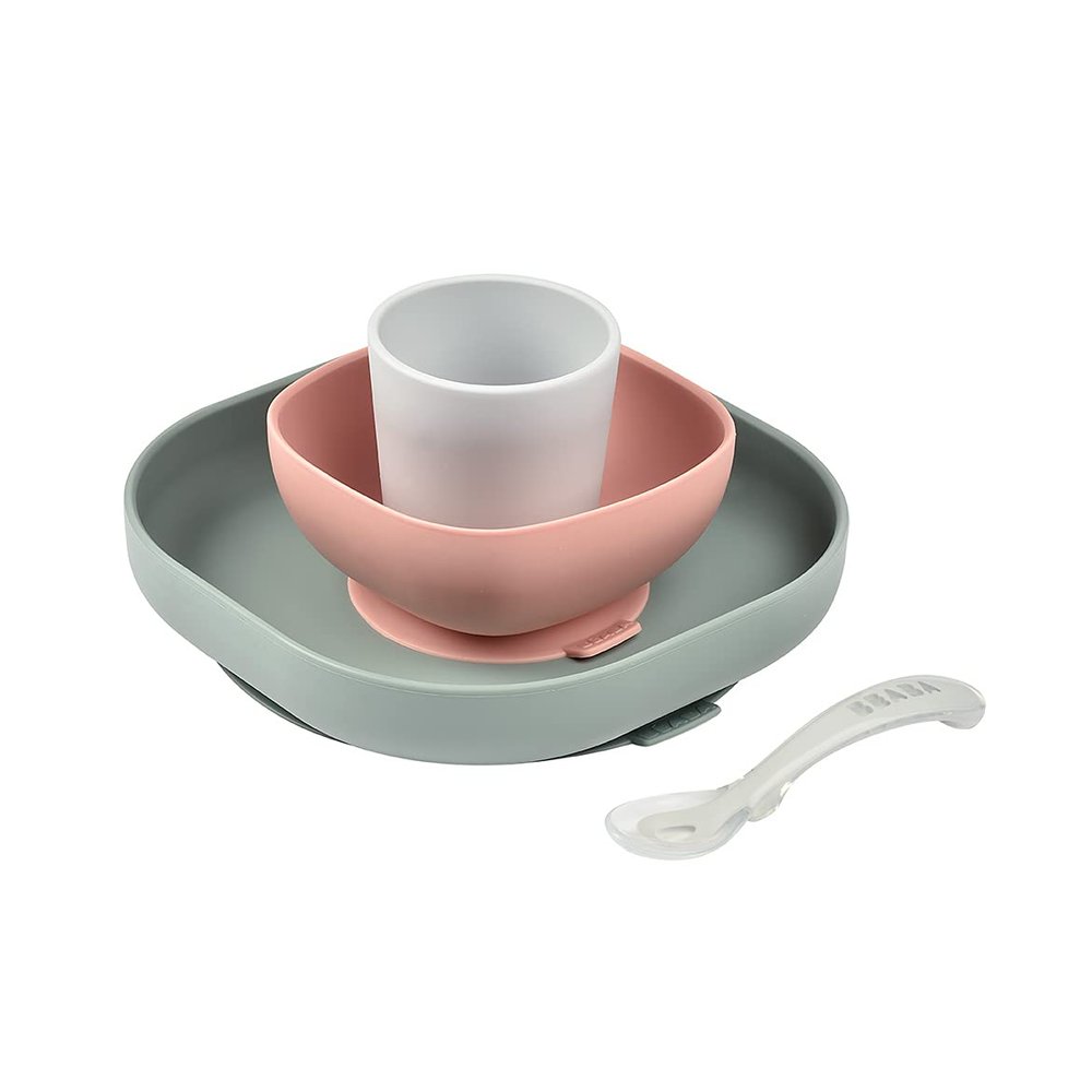 BEABA Silicone 4 Piece Baby Feeding Set, Suction Plates for Baby, High Grade Food Safe Silicone, Baby Must Haves, Eucalyptus