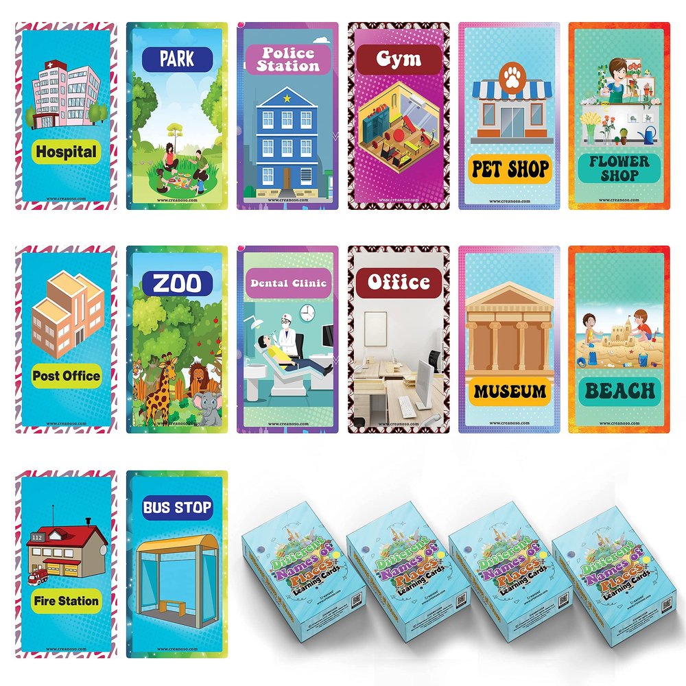 Creanoso Different Names of Places Learning Cards (4-Deck) - Pretty Favors Decor Decal Supply - Stocking Stuffers Gifts for Boys Girls - Home and School Educational Activities