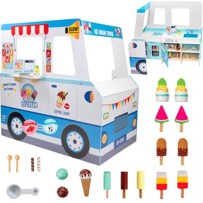 Ice Cream Truck Wooden Playset- 20 Fun Toy Pieces Including Freezer, Steering Wheel, Sink & Sticker Sheet for Kids Name- Popsicles, Cones, Scooper- Play Stand for Indoor Activity Center, Ages 3+ Gift