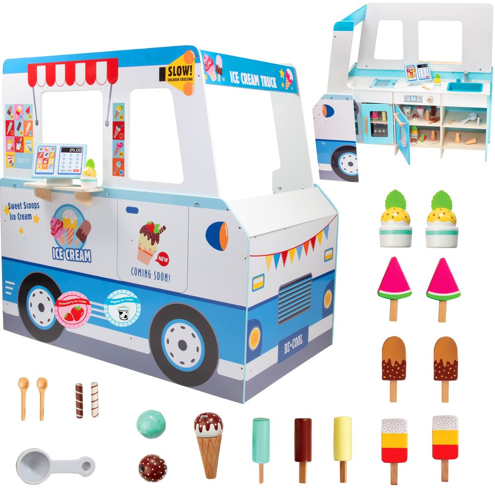 Ice Cream Truck Wooden Playset- 20 Fun Toy Pieces Including Freezer, Steering Wheel, Sink & Sticker Sheet for Kids Name- Popsicles, Cones, Scooper- Play Stand for Indoor Activity Center, Ages 3+ Gift