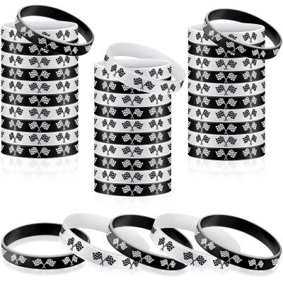 48 Pieces Racing Flag Rubber Bracelets 2.56 Inch Silicone Race Car Silicone Wristbands for Fitness, Racing, Dirt Bike, Basketball, Workout, Task, Events, Race Car Party Decorations, Black, White