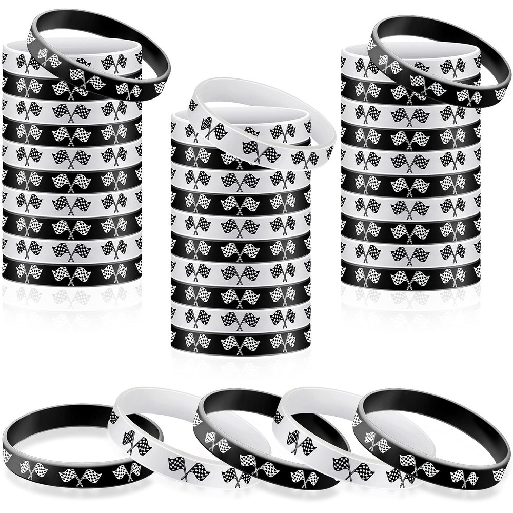 48 Pieces Racing Flag Rubber Bracelets 2.56 Inch Silicone Race Car Silicone Wristbands for Fitness, Racing, Dirt Bike, Basketball, Workout, Task, Events, Race Car Party Decorations, Black, White