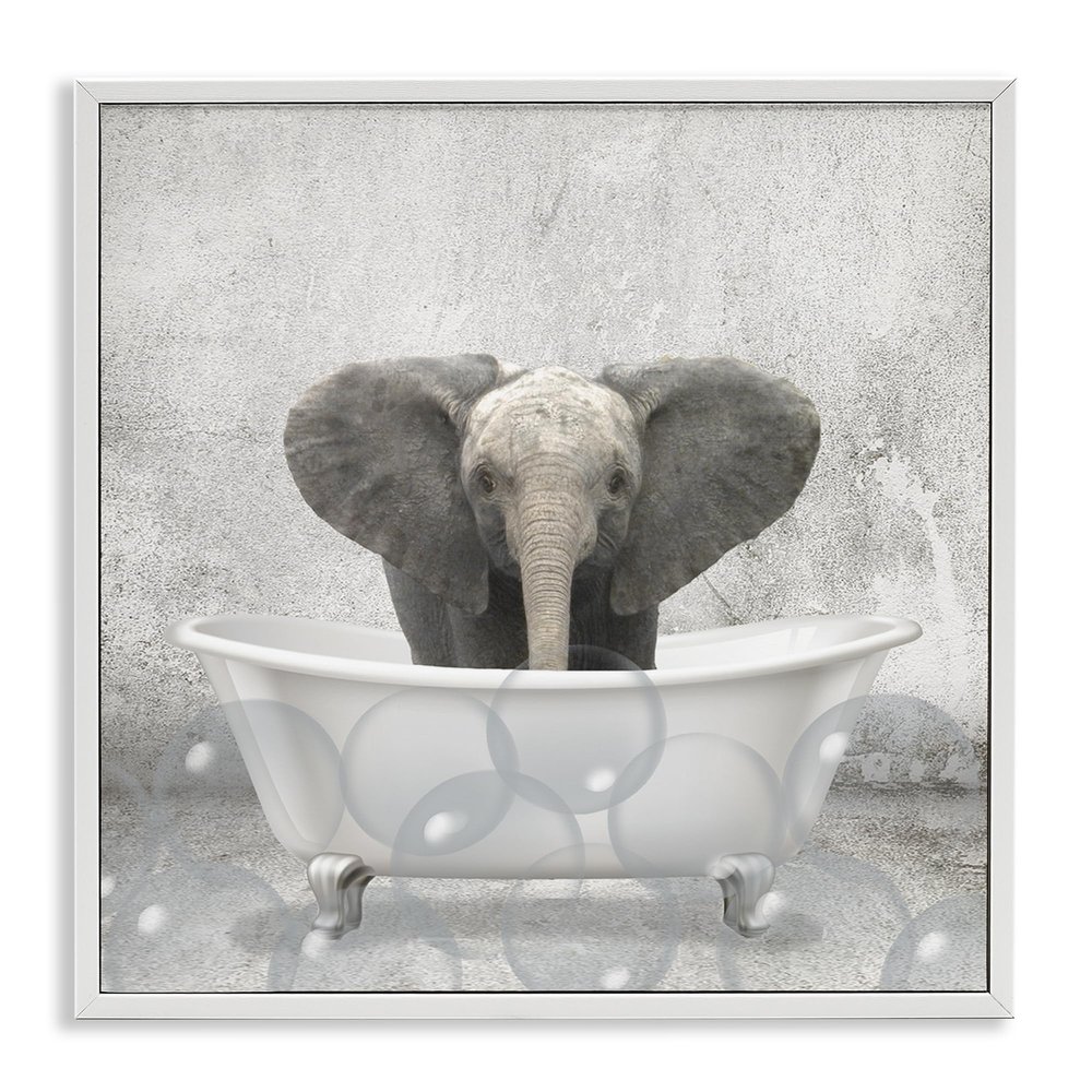 Stupell Industries 'Baby Elephant Bath Time', Framed Giclee Art, White, 12 x 12 Inches, Easy to Hang and Sturdy, Made in USA, by Kim Allen