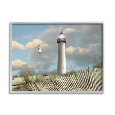 Stupell Industries 'Cape May Sand Dune Fence Lighthouse Beach Scene with Seagull', Framed Giclee Art, Gray, 20 x 16 Inches, Easy to Hang and Sturdy, Made in USA, by Alan Giana & Company