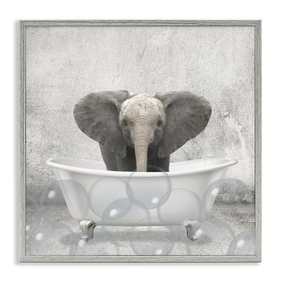 Stupell Industries 'Baby Elephant Bath Time', Framed Giclee Art, Gray, 12 x 12 Inches, Easy to Hang and Sturdy, Made in USA, by Kim Allen