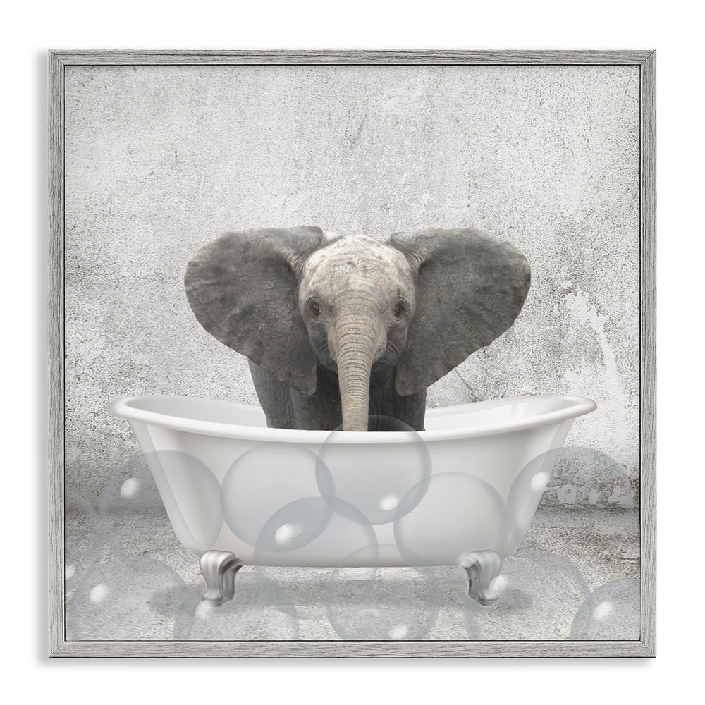 Stupell Industries 'Baby Elephant Bath Time', Framed Giclee Art, Gray, 12 x 12 Inches, Easy to Hang and Sturdy, Made in USA, by Kim Allen