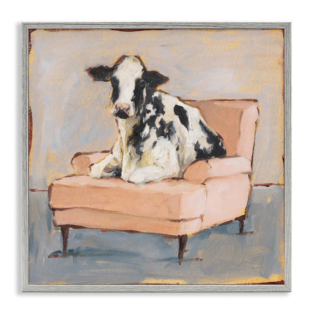 Stupell Industries 'Baby Cow on Pink Couch', Framed Giclee Art, Gray, 17 x 17 Inches, Easy to Hang and Sturdy, Made in USA, by Ethan Harper