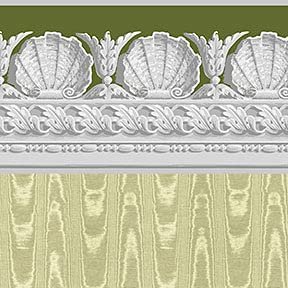 Itsy Bitsy Mini - Olive Green Jolie Moire with Shell Border - Dollhouse Wallpaper 1:12 Scale - Peel and Stick 12 inches x 18 inches Self-Adhesive