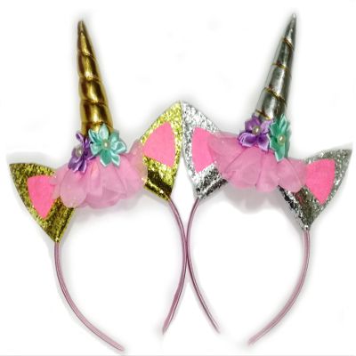 Risshine 2Pcs Unicorn Horn Headbands Flowers Cat Ear HeadBands for Birthday Party, Christmas,Halloween,Photo Props, Unicorn Themed Party Decoration Supplies(Gold and Sliver), 10 inch L x 7 inch W