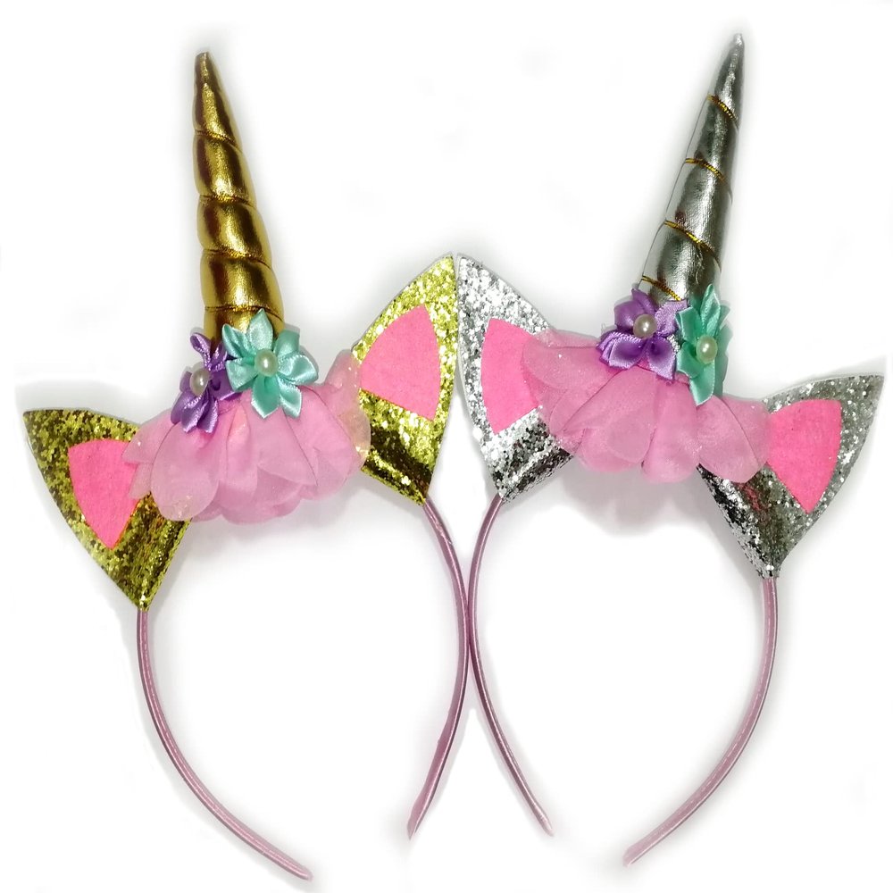 Risshine 2Pcs Unicorn Horn Headbands Flowers Cat Ear HeadBands for Birthday Party, Christmas,Halloween,Photo Props, Unicorn Themed Party Decoration Supplies(Gold and Sliver), 10 inch L x 7 inch W