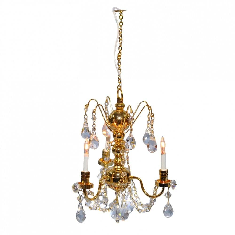 Dollhouse Real Crystal Chandelier 3 Arm Gold Finish Miniature 12V Lighting