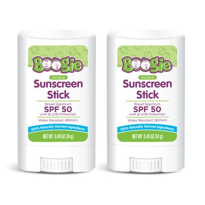Boogie Mineral Sunscreen Stick SPF 50 - (2 Pack) 0.49 oz - Sunscreen for Kids - Broad Spectrum UVA & UVB Protection - Water Resistant - Hypoallergenic - 100% Naturally Derived Ingredients