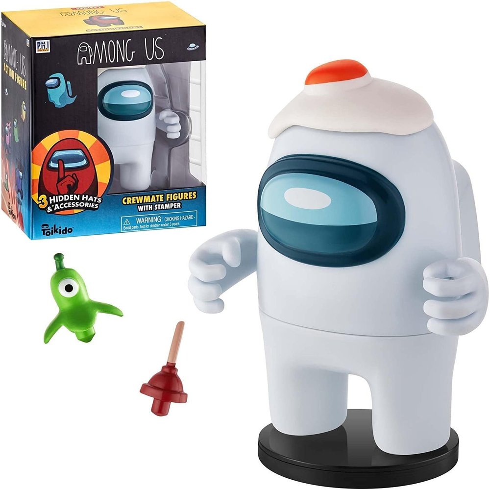 Among Us White Crewmate Ink Stamper Egg Plunger Hat 5" Figure Party Favor