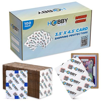 100 Pack Trading Card Shipping Protector by Hobby Armor, 3.5" x 4.5" with Rounded Corners, Vibrant Multi-Color Card Protector to Guard Cards From Dings, Premium Lightweight Cardboard Shipping Supplies