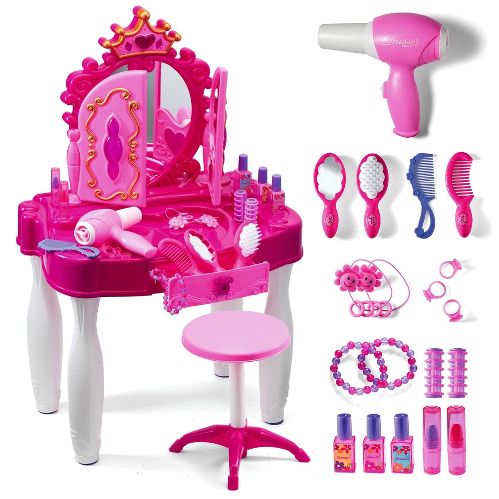Play22 Pretend Play Girls Vanity Set with Mirror and Stool 21 PCS - Kids Makeup Vanity Table Set with Lights and Sounds - Includes Fashion Hair & Makeup Accessories