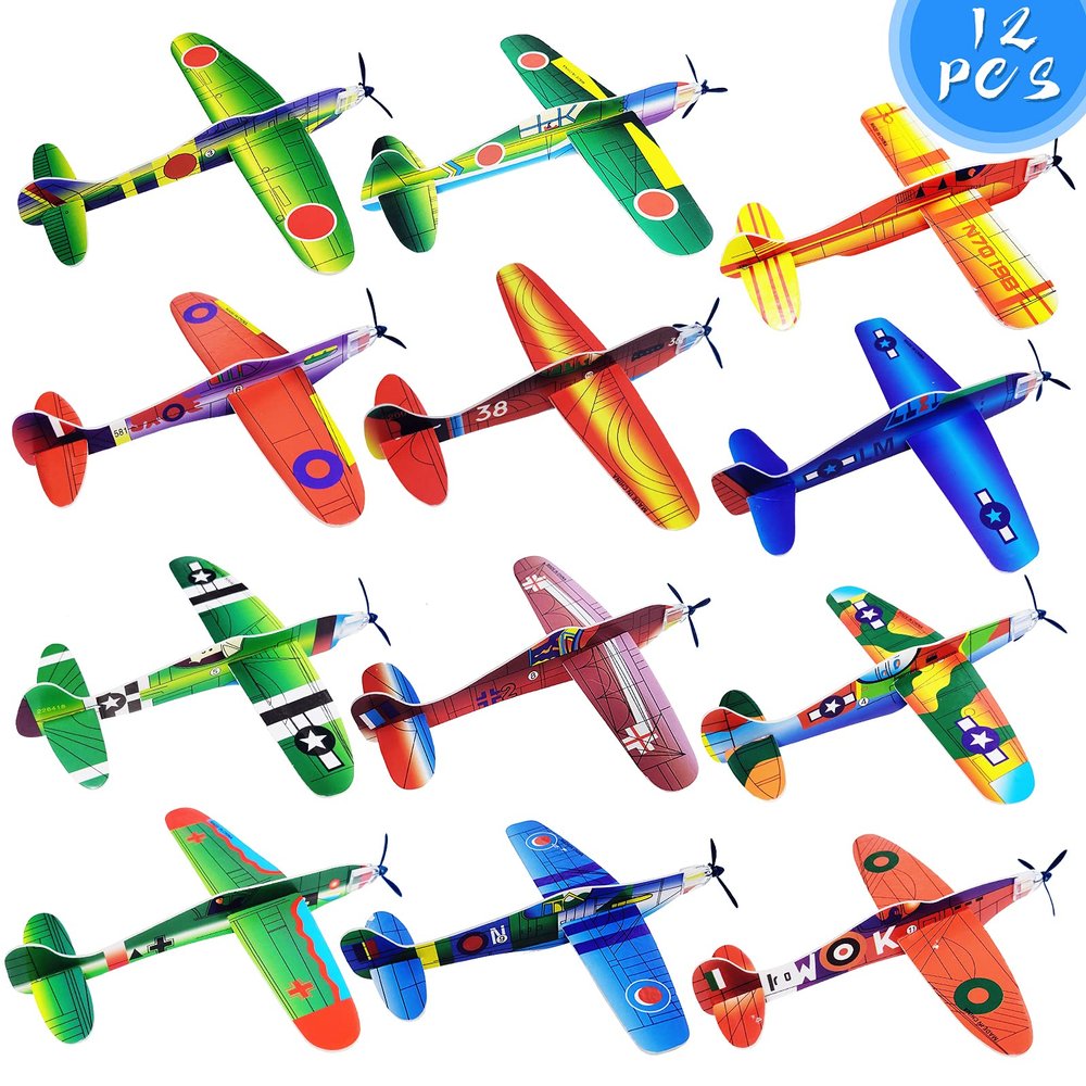 8" Airplane Toy,12 Different Designs Planes Toys For Boys,Foam Glider Planes Toys,Birthday Favors Lightweight Paper Airplanes,Individually Packed Outdoor Flying Toys,Party Favors For kids 8-12(12 PCS)