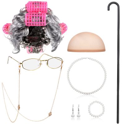 BBTO 100 Days of School Old Lady Costume for Kids Grandma Gray Wig Walking Cane Glasses Chain Cords Faux Pearl Bead Necklace(Gray Curly Wig with Hair Roller)