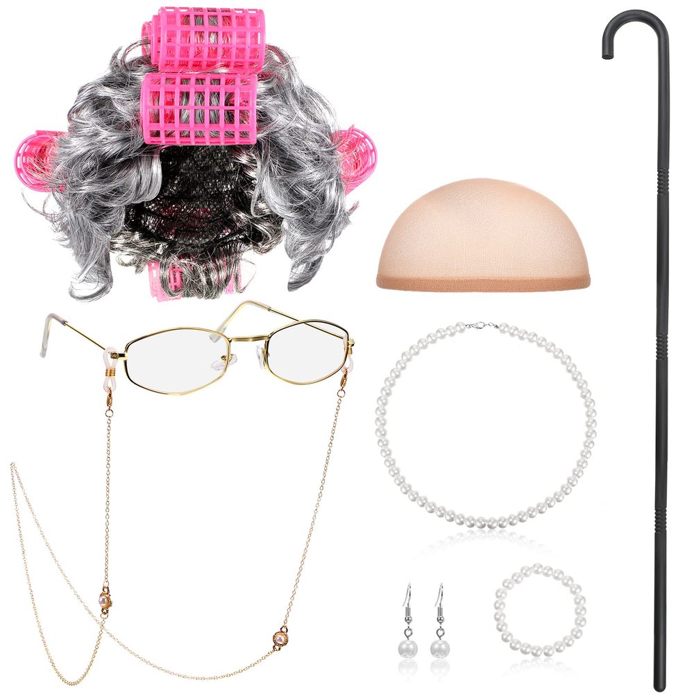 BBTO 100 Days of School Old Lady Costume for Kids Grandma Gray Wig Walking Cane Glasses Chain Cords Faux Pearl Bead Necklace(Gray Curly Wig with Hair Roller)