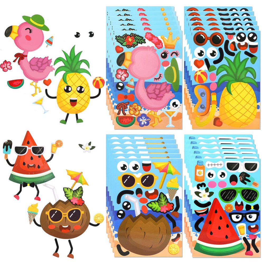 24PCS Hawaii Make a face Sticker Sheets, Make Your Own Pineapple Flamingo Stickers, 24pcs Tropical Luau Craft Project for Kids, Summer Beach Mix and Match Stickers, Hawaiian Party Favors for Boy Girls