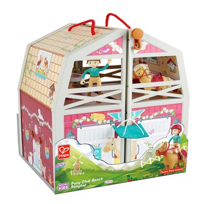 Hape Pony Ranch Barn Stable Club Playset Doll House with 2 Levels and Easy Carry Handle for Kids Ages 3 Years and Up