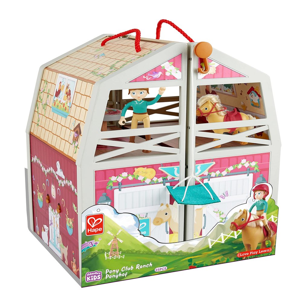 Hape Pony Ranch Barn Stable Club Playset Doll House with 2 Levels and Easy Carry Handle for Kids Ages 3 Years and Up