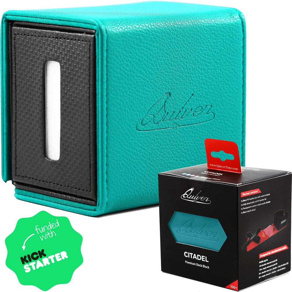 Quiver Time Teal Citadel Deck Block for Magic: the Gathering Cards - 100+ TCG Card Deckbox, Commander MTG Deck Box for Cards, Dice & Tokens, Custom Divider, Magnetic Closure