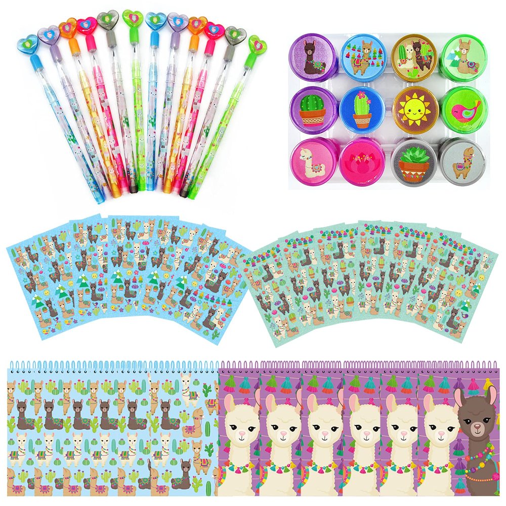 TINYMILLS Llama & Alpaca Birthday Party Favor Set -12 Llama Pencils, 12 Stampers, 12 Sticker Sheets & 12 Notepads Llama Party Supplies, Classroom Rewards, Goodie Bag Fillers & Piata Stuffers for Kids
