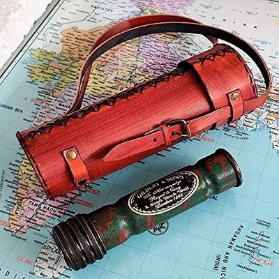 Alitaver Arch Instruments Handmade Heavy Brass Working 6 Inches Multicolored Matte Finish Kaleidoscope with Beautiful Patina Work with Leather Cover, Best Birthday Gift for Children