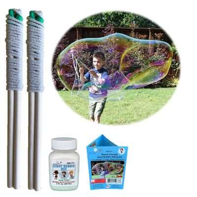 Bubbleventi Giant Bubble Kit | Made in USA | Includes 2 Wooden Wands, a Tips and Tricks Booklet, and 1 Bubble Mix - Makes 4 Gallons of Big Bubble Solution |Use at Birthdays and Family Fun