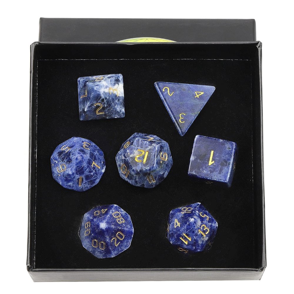 Amogeeli 7pcs Hand-Carved Crystal DND Dice Set, Stone Polyhedral Rolling Dice Kit for RPG MTG COC Table Game, Sodalite