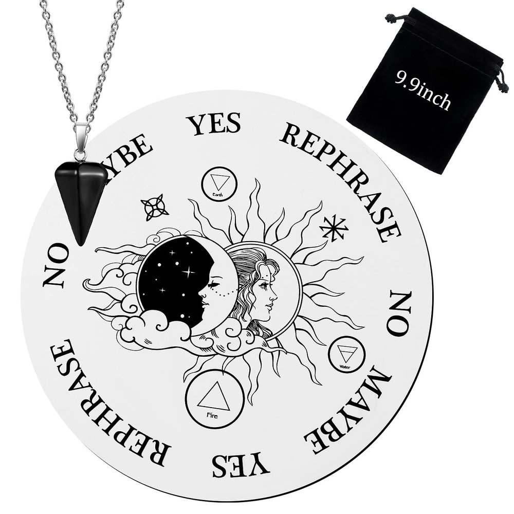 Jetec Pendulum Board Set Wooden Dowsing Divination Board Metaphysical Message Wooden Carven Witchcraft with Crystal Necklace and Storage Bag for Beginner Witchcraft Wiccan Wand Altar Supply Moon Sun