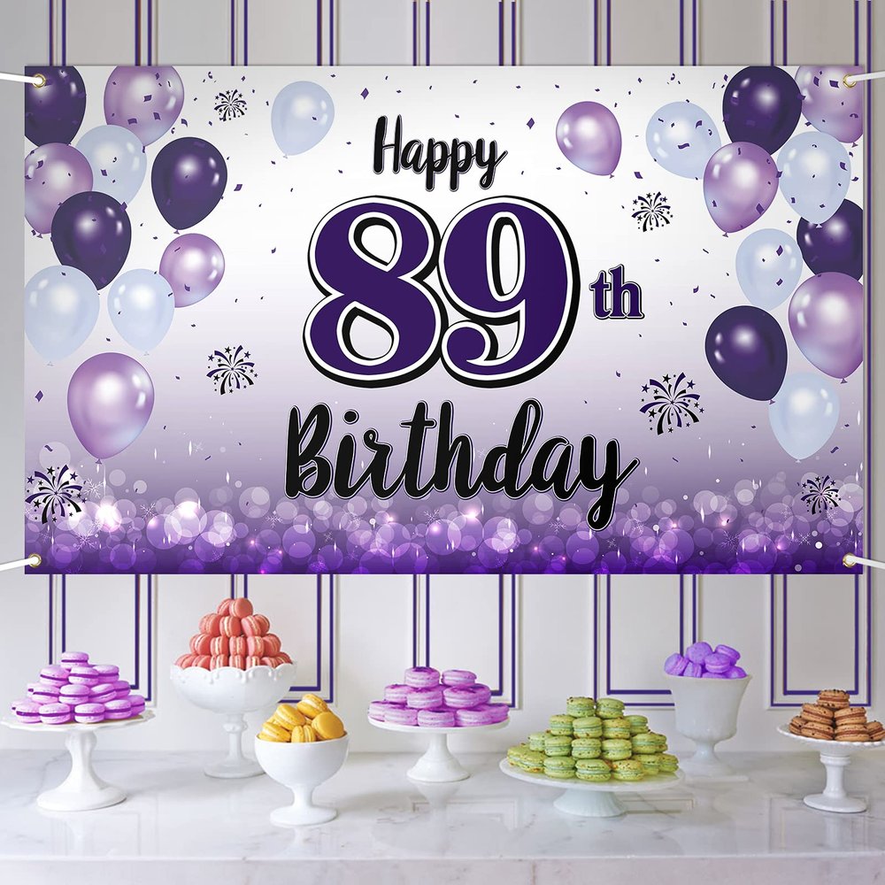 LASKYER Happy 89th Birthday Decorations,89th Purple Balloon Large Birthday Banner Backdrop Sign,89 Years Old Bday Party Supplies.