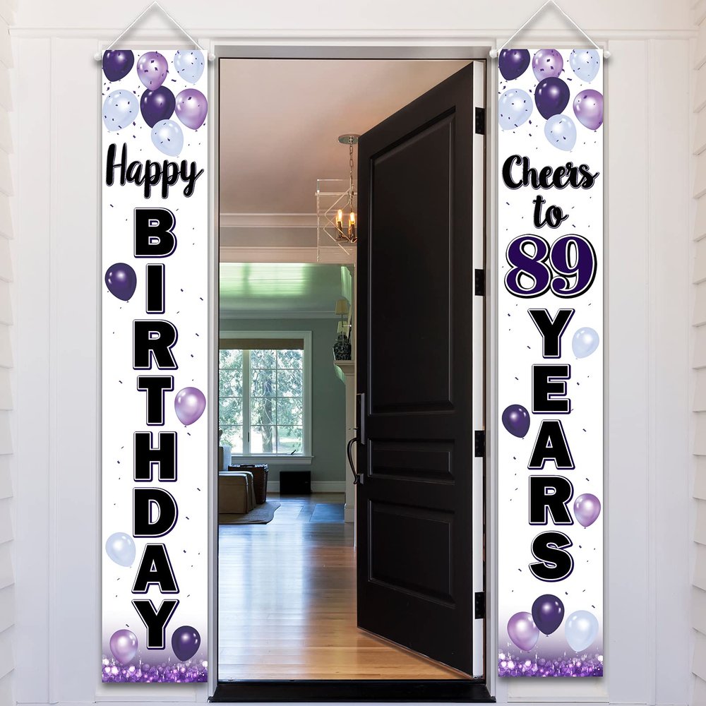 LASKYER Happy 89th Birthday Decorations,89th Purple Balloon Birthday Theme Door Hanging Banner Sign - Cheers to 89 Years Old Bday Party Supplies.