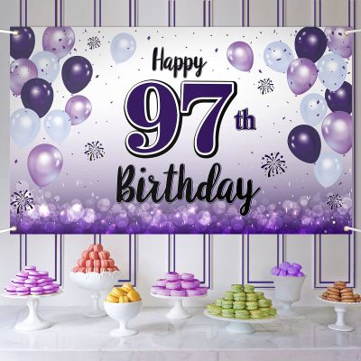 LASKYER Happy 97th Birthday Decorations,97th Purple Balloon Large Birthday Banner Backdrop Sign - Cheers to 97 Years Old Bday Party Supplies.