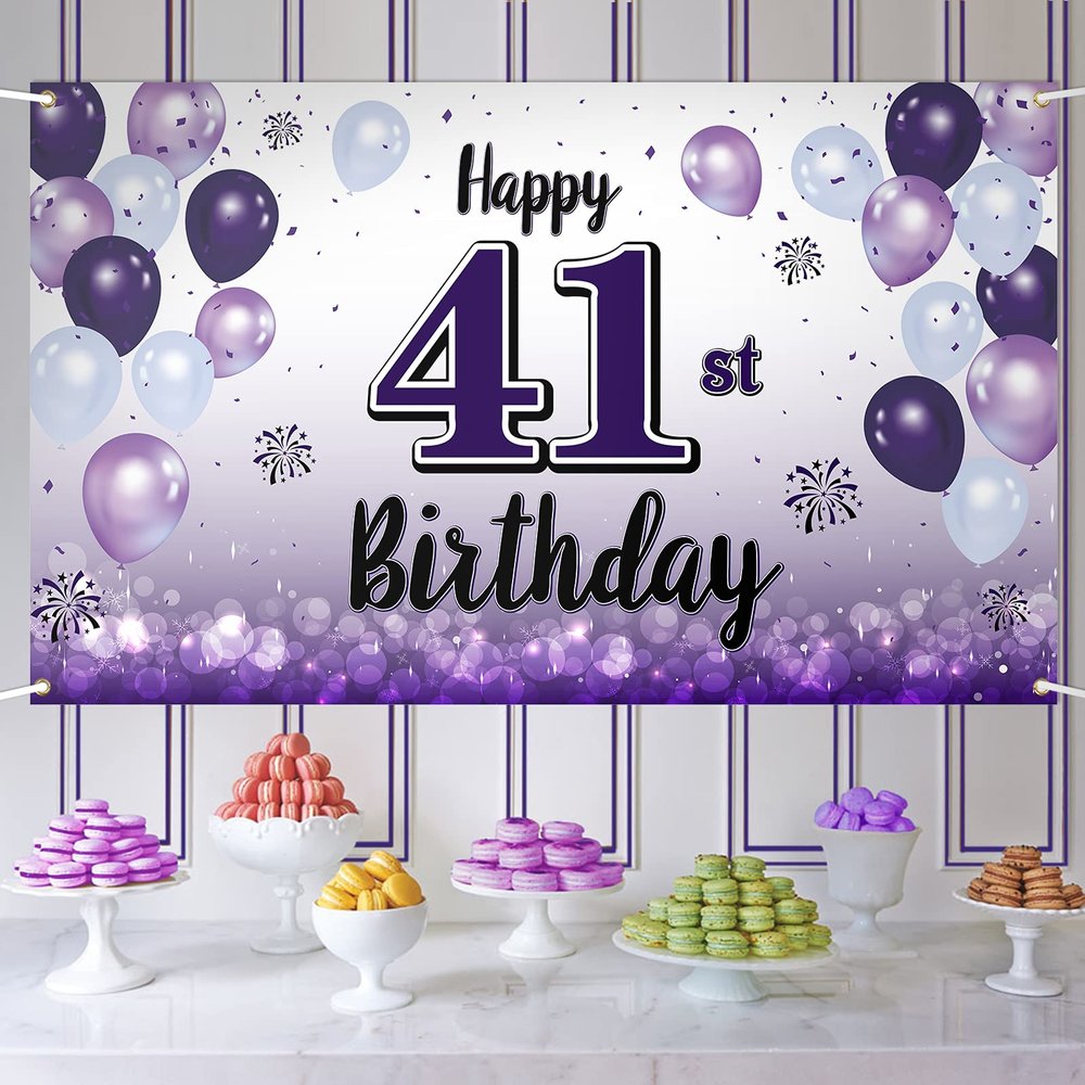 LASKYER Happy 41st Birthday Decorations,41st Purple Balloon Large Birthday Banner Backdrop Sign,41 Years Old Bday Party Supplies.
