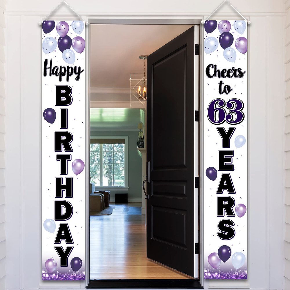 LASKYER Happy 63rd Birthday Decorations,63rd Purple Balloon Birthday Theme Door Hanging Banner Sign - Cheers to 63 Years Old Bday Party Supplies.