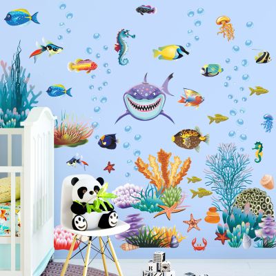 119 Piece Colorful Ocean Life Wall Stickers Sharks Wall Decals Tropical Fish Wall Sticker Coral Wall Decal DIY Peel and Stick for Bathroom Baby Kids Bedroom Kitchen Nursery Classroom Home Decoration
