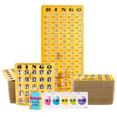 MR CHIPS Jam-Proof EZ-Read Quick-Clear Bingo Cards with Sliding Windows, 100 Cards, 75 Calling 1 Master Board