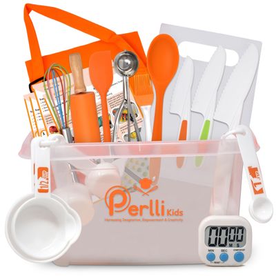 PERLLI Kids Real Cooking Set for Cooking and Baking  31 Pc. Gift for Junior Chef with Real Utensils, Case & Safe Kids Knife Set for Boys & Girls  Fine Motor Skills & Fun for Children Ages 6+, Orange