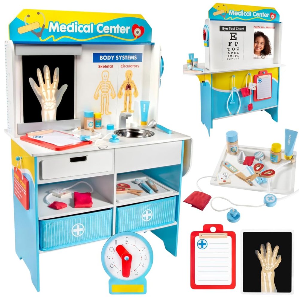 Get Well Doctor Wooden Activity Center- Kids Pretend Play Medical Playset w Waiting Room- 16 Accessories, Dual Sided, Office Checkup Kit w X-Rays, Blood Pressure Cuff- Boys Girls Roleplaying Toy Gift