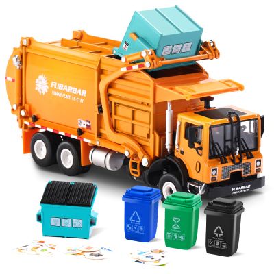 FUBARBAR Metal Garbage Truck Toy Model 1:43 Diecast Recycling Waste Transport Truck with Trash Bin, Pull Back Model Car Toy for Kids Boys (Orange)
