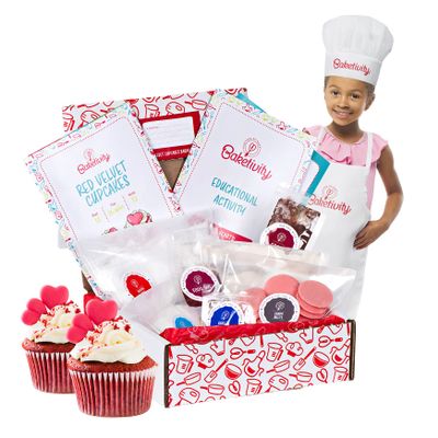 Baketivity Kids Baking Set, Meal Cooking Party Supply Kit for Teens, Real Fun Little Junior Chef Essential Kitchen Lessons, Includes Pre-Measured Ingredients (Baketivity Kit, Red Velvet)